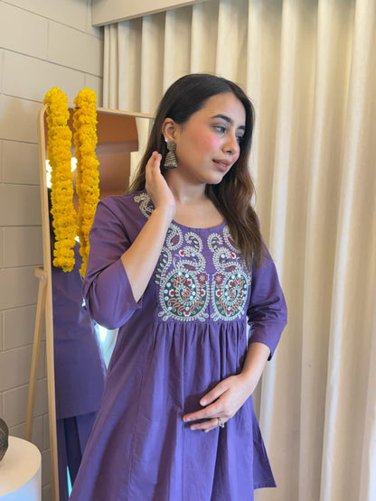 Purple Embroidered Round Neck Festive Cord Set