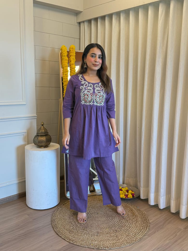 Purple Embroidered Round Neck Festive Cord Set