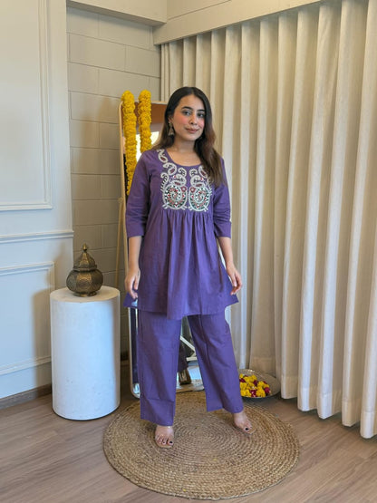 Purple Embroidered Round Neck Festive Cord Set