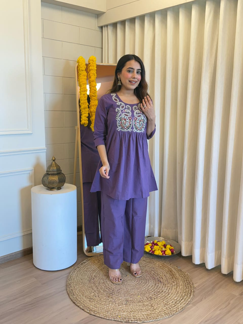 Purple Embroidered Round Neck Festive Cord Set