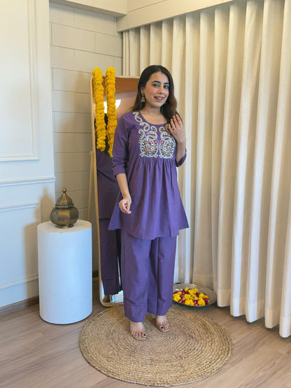 Purple Embroidered Round Neck Festive Cord Set