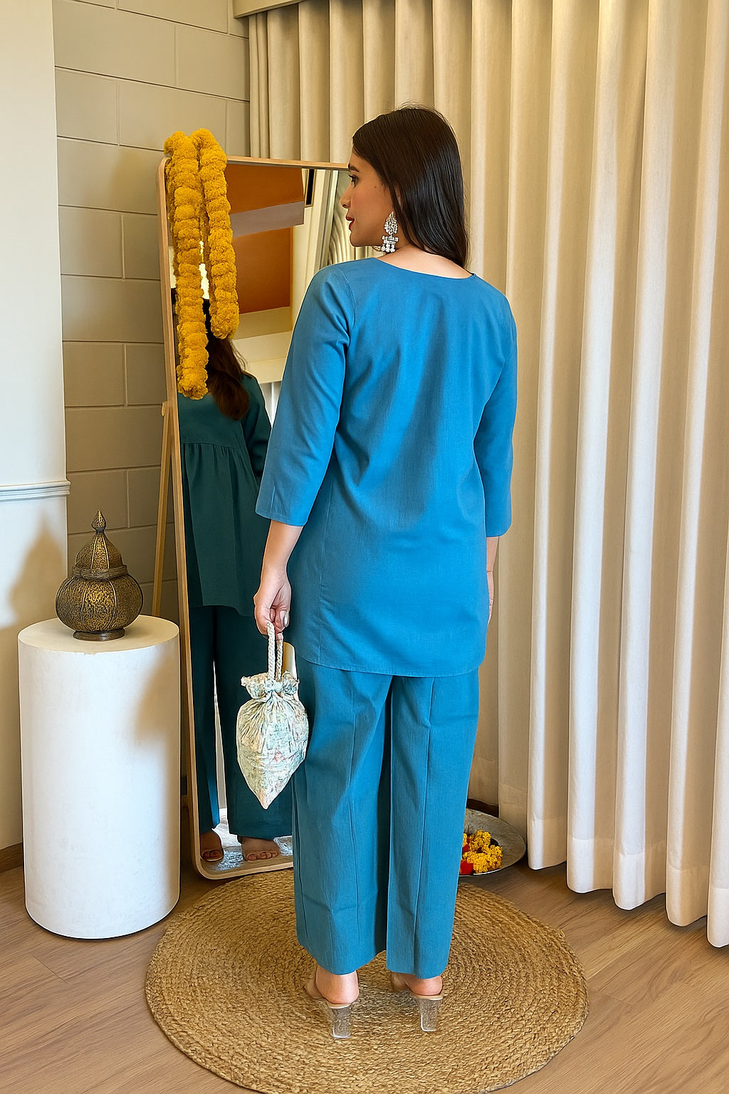 Light Blue Embroidered Round Neck Festive Cord Sets