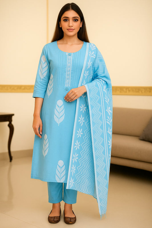 Light Blue Embroidered Cotton Kurta with Trousers & Dupatta