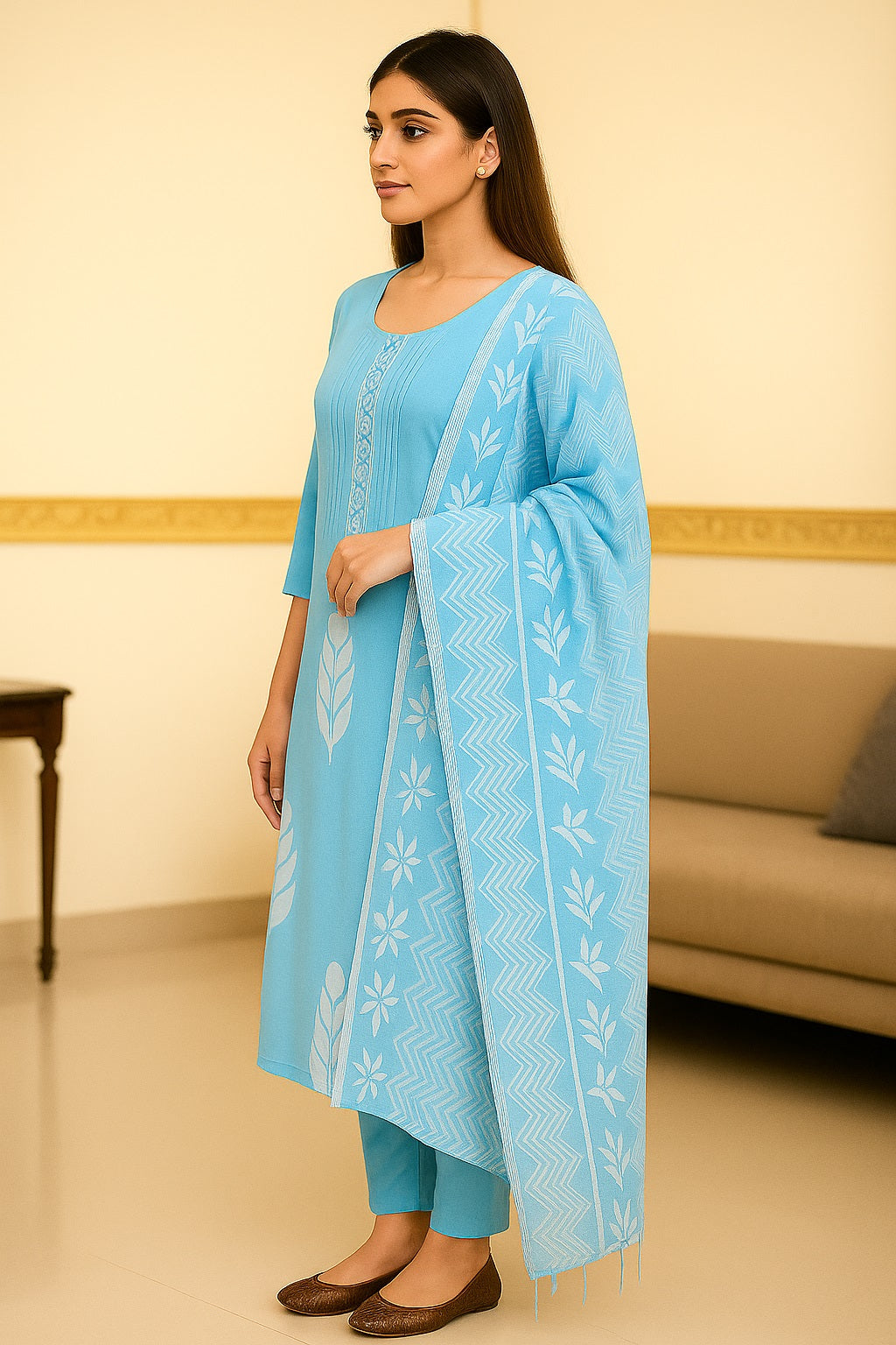 Green Embroidered Cotton Kurta with Trousers & Dupatta