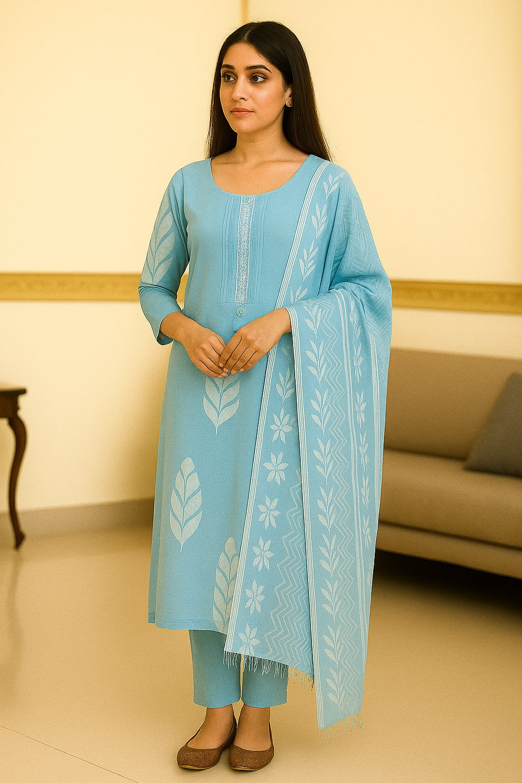 Green Embroidered Cotton Kurta with Trousers & Dupatta